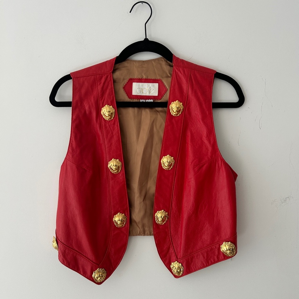 Vintage Cache Red Leather Vest with Gold Lions Medallions
